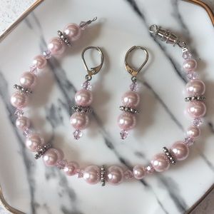 Handcrafted pink silver earrings and bracelet set